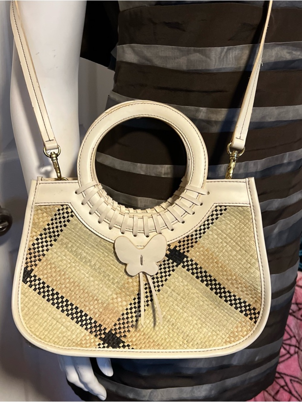 Etienne Aigner Woven Straw & Leather Handle Bag